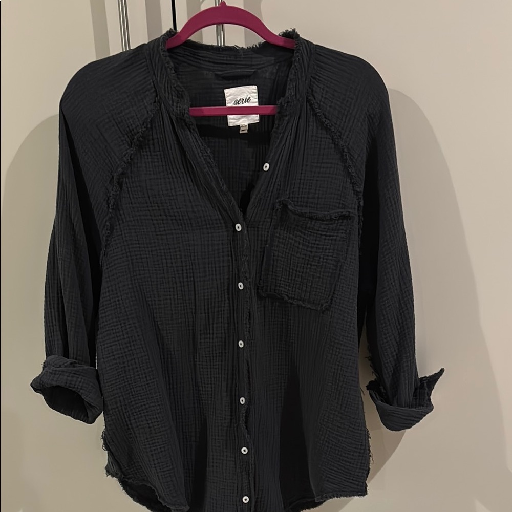Aerie Black Relaxed Button Down Shirt with Mandarin Collar